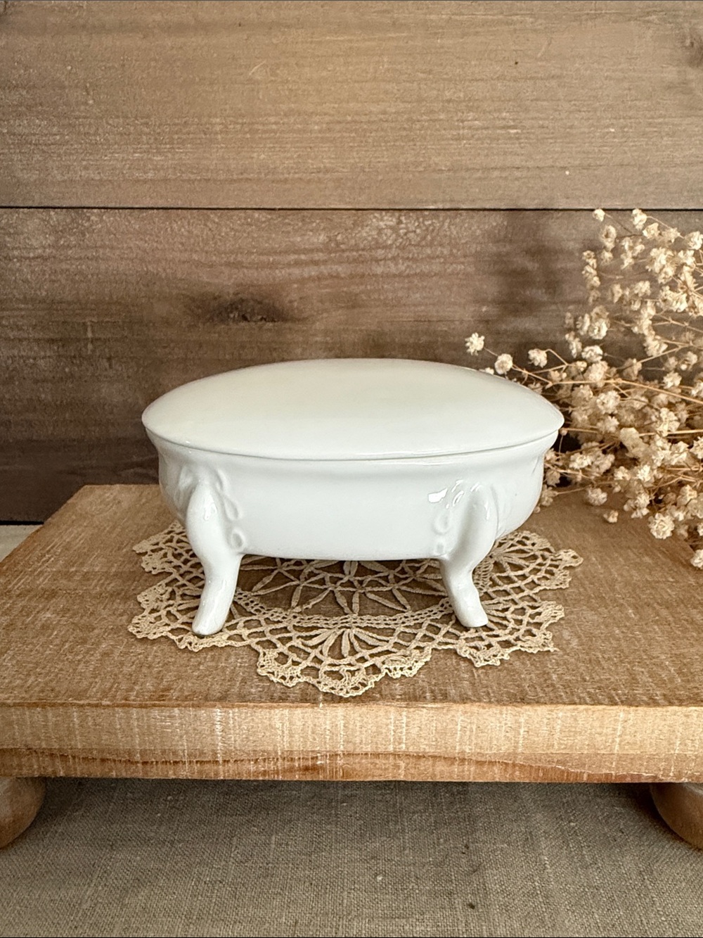 Vintage White Porcelain Footed Trinket Box - Mr & Mrs China Blank